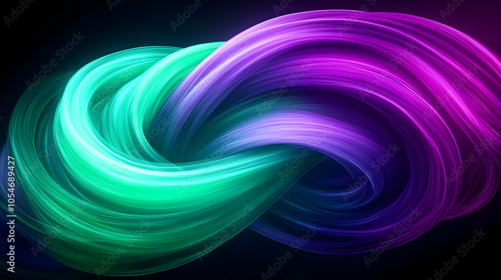 Fototapeta premium An abstract design featuring flowing strands of vibrant purple and teal colors against a dark background.