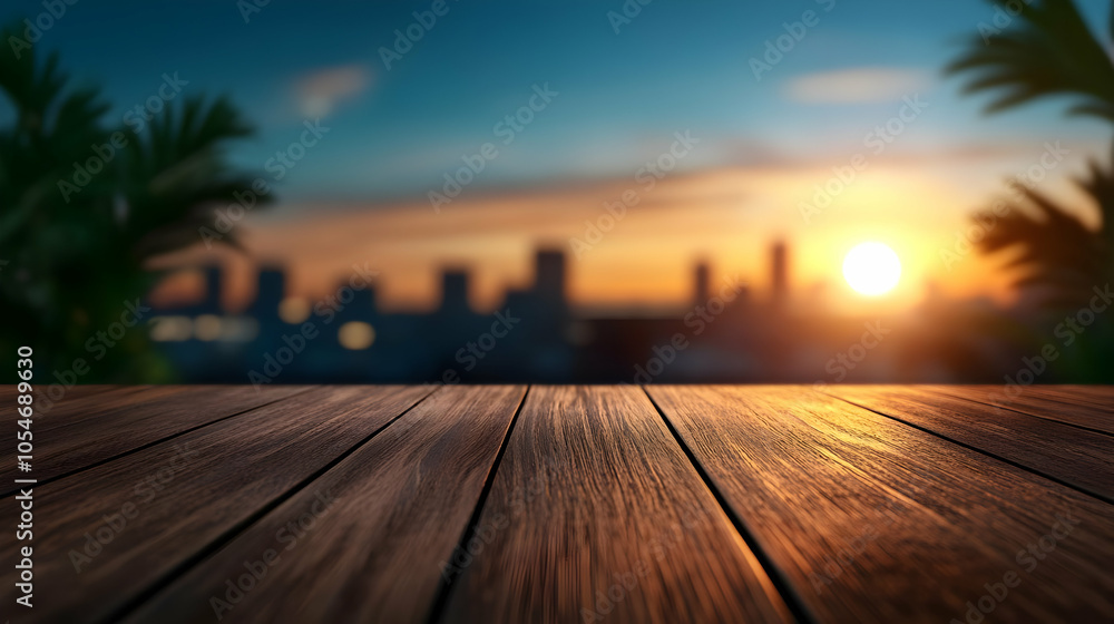 Wooden table with a sunset background, creating a warm and inviting atmosphere. Wooden table with a sunset background, creating a warm and inviting atmosphere.