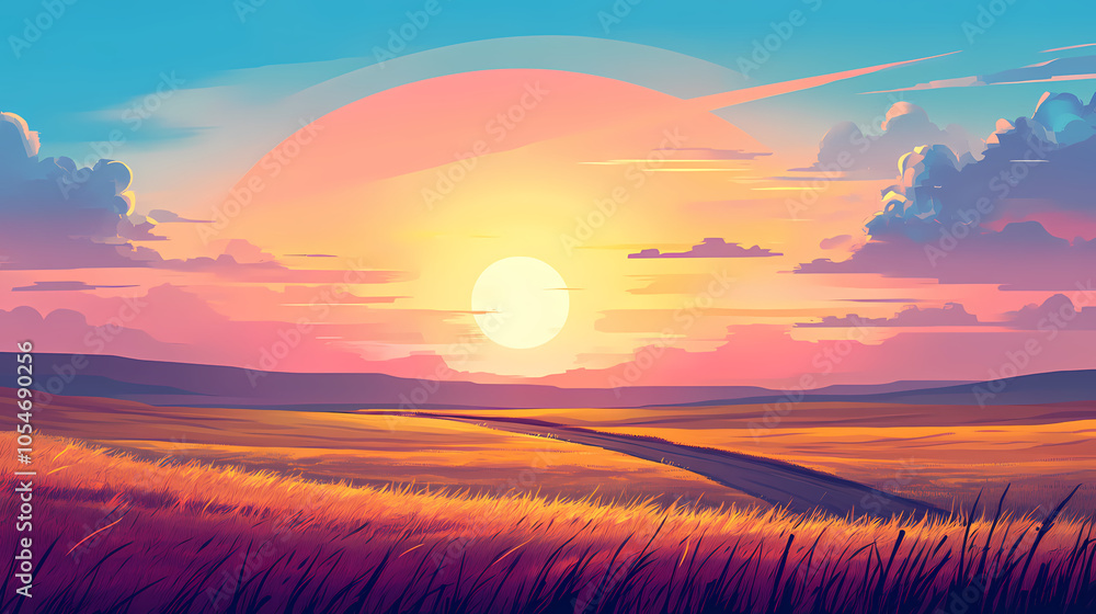 Sunset over a vast prairie landscape picture. Vast Prairie. Illustration Sunset over a vast prairie landscape picture. Vast Prairie. Illustration
