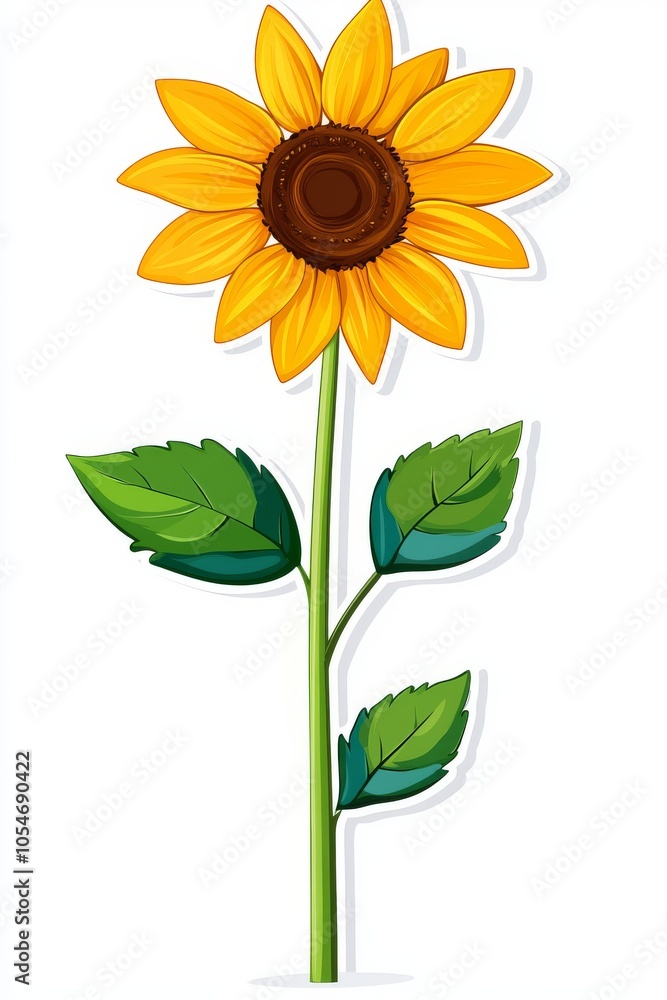 Fototapeta premium Bright yellow sunflower with green leaves against a white background, symbolizing warmth and positivity.