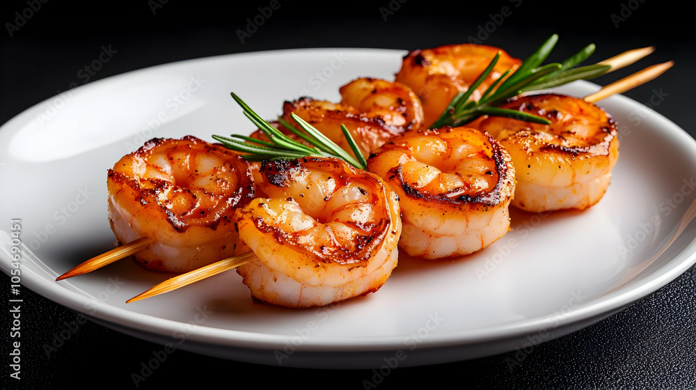Grilled shrimp skewers on a white plate, garnished with fresh herbs. Grilled shrimp skewers on a white plate, garnished with fresh herbs.