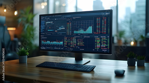 Desktop Computer with Data and Charts on Screen - Illustration