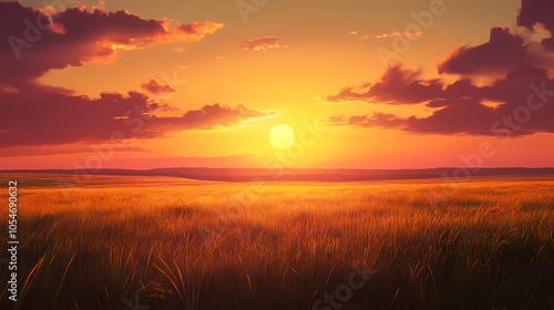 Sunset over a vast prairie landscape picture. Vast Prairie. Illustration