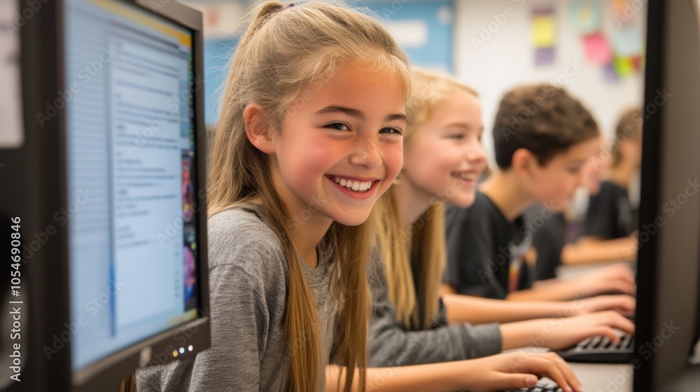 Students smiling and focused on their computer screens while their teacher walks around the Students smiling and focused on their computer screens while their teacher walks around the