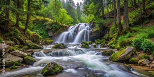 Scenic view of rapid stream and waterfall in the high mountain woods