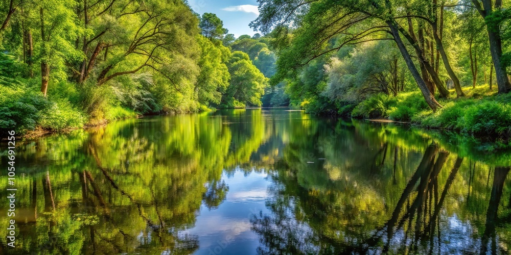 Scenic view of river in forest with trees and shrubbery reflected Scenic view of river in forest with trees and shrubbery reflected