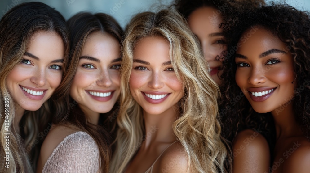 Fototapeta premium A diverse group of women smiling and posing for the camera, representing beauty diversity in skincare advertising