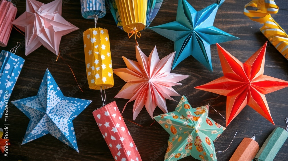 Obraz premium Tanabata-themed gift sets featuring decorative star-shaped lanterns, colorful streamers,