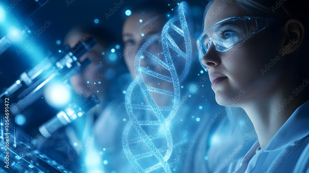 Focused scientist analyzing DNA hologram in innovative laboratory, showcasing modern research and technology. Focused scientist analyzing DNA hologram in innovative laboratory, showcasing modern research and technology.
