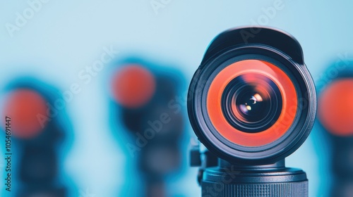 A close-up of a camera lens with an orange ring, featuring a blurred background of additional cameras, highlighting photography equipment.