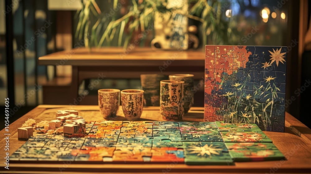 Tanabata-themed puzzle sets or board games featuring star and bamboo designs for family Tanabata-themed puzzle sets or board games featuring star and bamboo designs for family