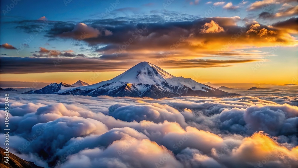 Scenic view of Mount Elbrus covered with clouds during sunset Scenic view of Mount Elbrus covered with clouds during sunset