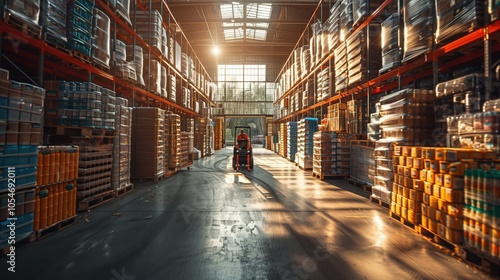 Worker operating forklift in large warehouse. Worker drives a forklift down an aisle in a large warehouse filled with packed pallets, with sunlight streaming through windows.