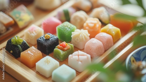 Traditional Japanese sweets and treats as Tanabata gifts, including colorful wagashi