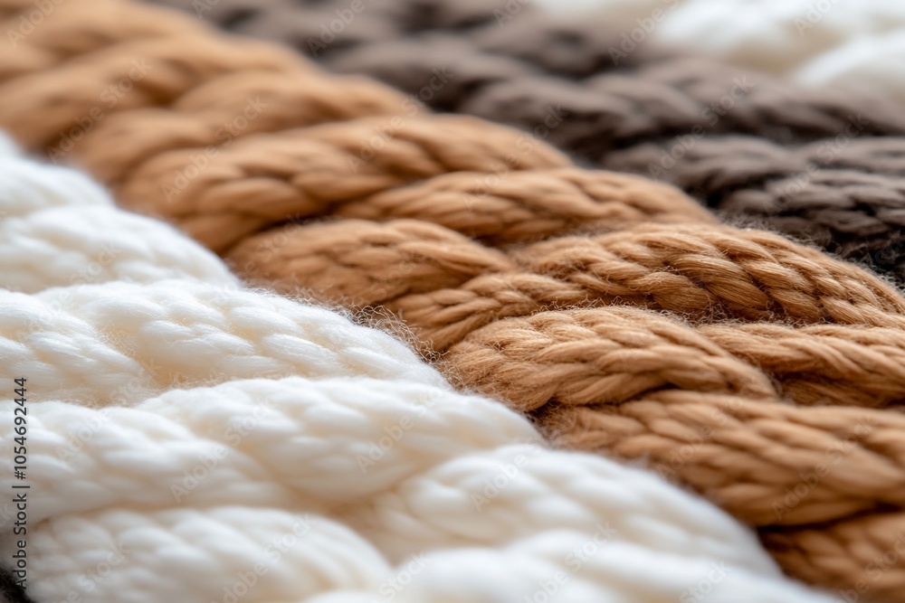 Close-up of three horizontal stripes of white, beige, and brown knitted yarn. Close-up of three horizontal stripes of white, beige, and brown knitted yarn.