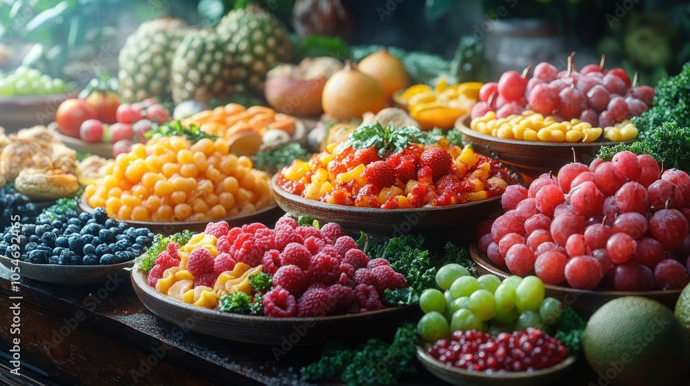 A vibrant display of assorted fresh fruits in bowls. A vibrant display of assorted fresh fruits in bowls.
