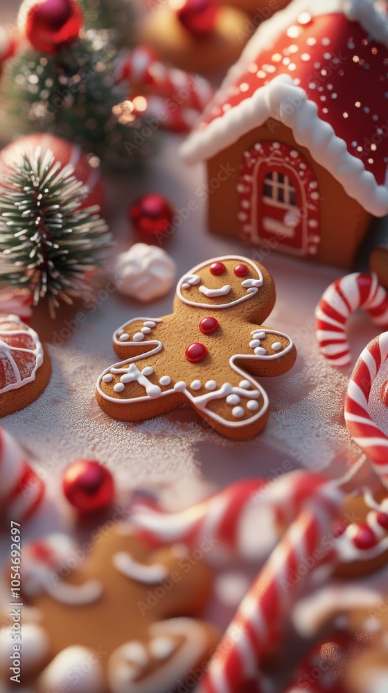Festive 3D holiday baking scene with gingerbread cookies and candy canes in a delicious style ideal for recipe illustrations or tutorials Festive 3D holiday baking scene with gingerbread cookies and candy canes in a delicious style ideal for recipe illustrations or tutorials