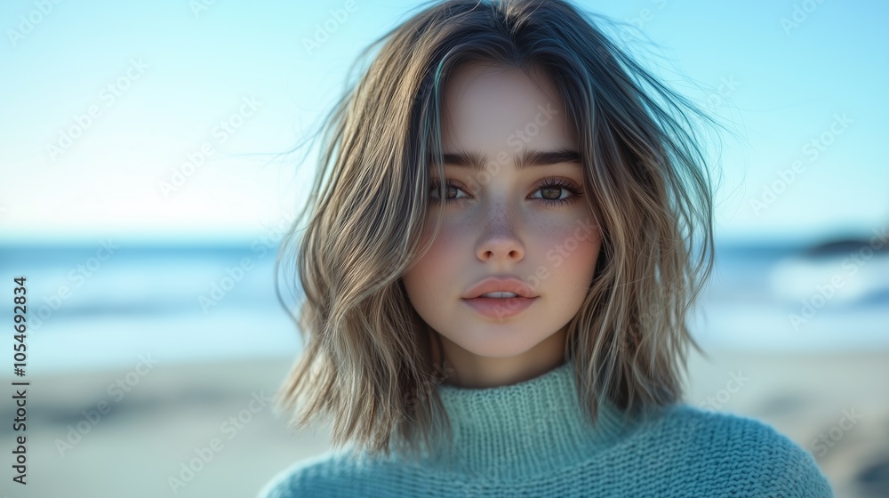 A photo of a model with shoulder-length hair and blue and green highlights. She is wearing a light teal sweater on the beach and has brown eyes. A photo of a model with shoulder-length hair and blue and green highlights. She is wearing a light teal sweater on the beach and has brown eyes.