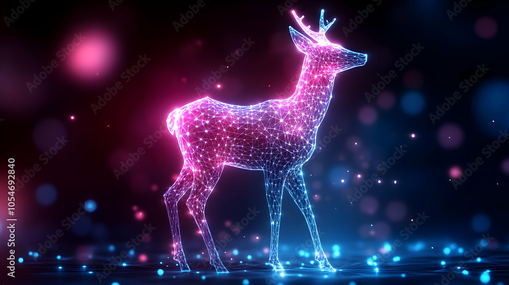 Glowing digital deer silhouette against a colorful bokeh background, evoking a sense of magic and wonder. Glowing digital deer silhouette against a colorful bokeh background, evoking a sense of magic and wonder.