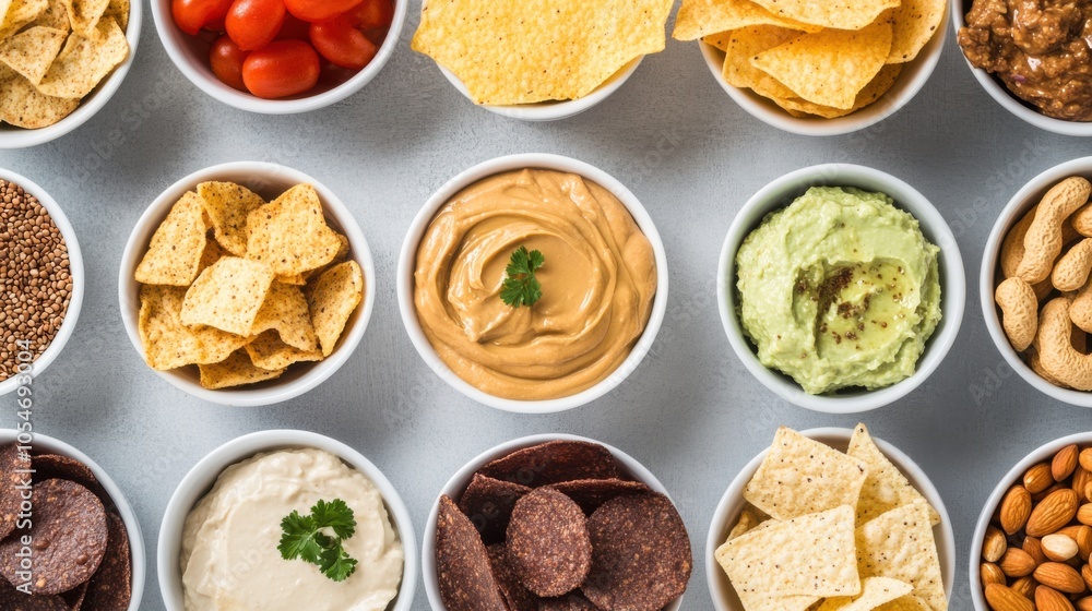 Vegan snack samplers featuring a variety of chips, dips, and nut butters for plant-based Vegan snack samplers featuring a variety of chips, dips, and nut butters for plant-based