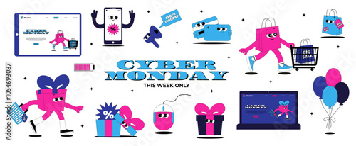 Cyber monday sale stickers set. Retro characters gift box, shopping bag, laptop, mouse and more. Collection elements for store sale, promotion,social media posts. Groovy characters on white background