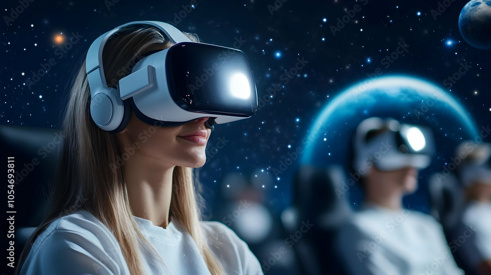 Woman wearing VR headset, immersed in a virtual space environment, showcasing advanced technology and digital experiences. Woman wearing VR headset, immersed in a virtual space environment, showcasing advanced technology and digital experiences.