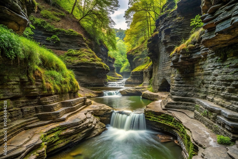 Naklejka premium Scenic view of water flowing through the gorges of Watkins Glen State Park reflected in the water