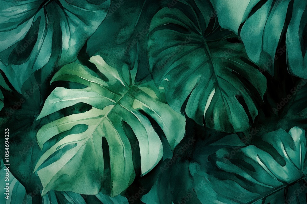 Watercolor painting of lush green monstera leaves, perfect for adding a tropical touch to your design projects. Watercolor painting of lush green monstera leaves, perfect for adding a tropical touch to your design projects.
