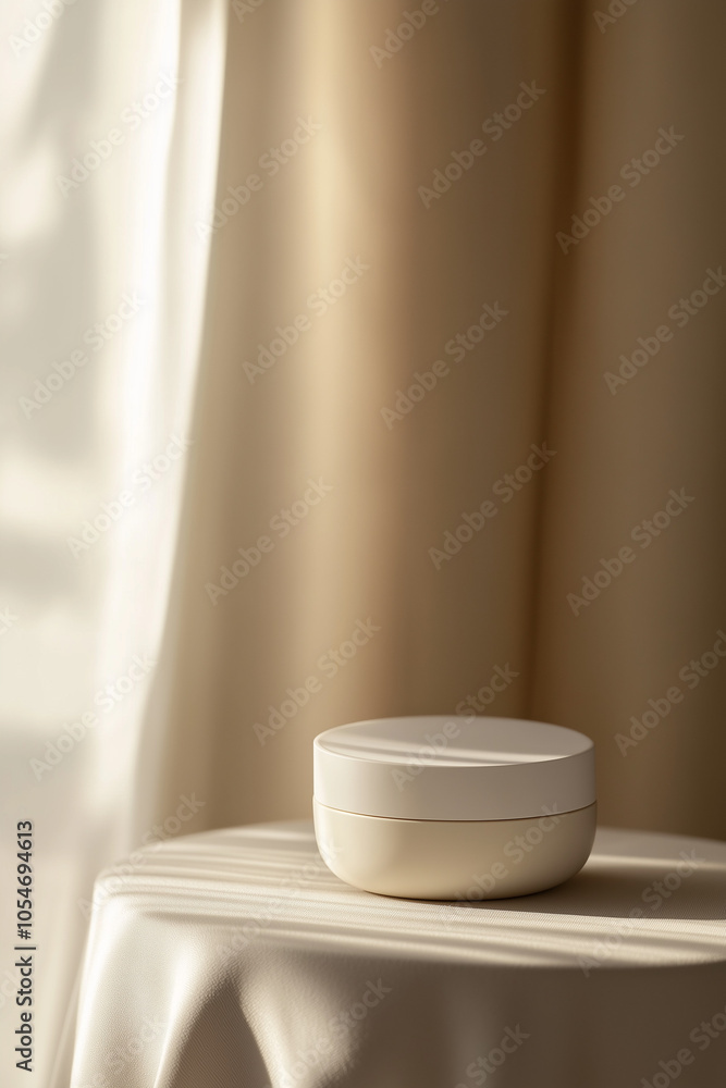 Luxurious White Cream Container on Soft Beige Background with Natural Light – A Premium Cosmetic Mock-Up Emphasizing Elegance and Sophistication Luxurious White Cream Container on Soft Beige Background with Natural Light – A Premium Cosmetic Mock-Up Emphasizing Elegance and Sophistication
