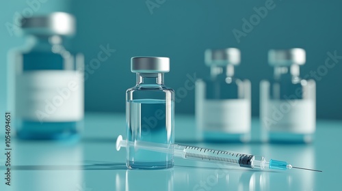 Politely blue and white color background, three vials of different sizes with blank labels stand on the table in front of you, next to them is an elegant syringe filled with clear liquid photo