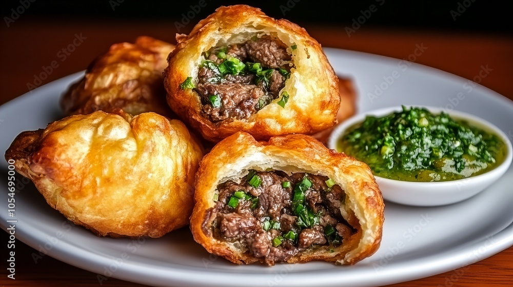 Close-up of golden brown, deep-fried pastries filled with savory meat and served with a side of vibrant green sauce. Close-up of golden brown, deep-fried pastries filled with savory meat and served with a side of vibrant green sauce.