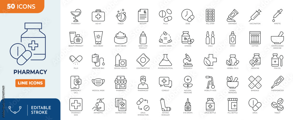 Pharmacy line editable icon set. Editable stroke. Vector illustration Pharmacy line editable icon set. Editable stroke. Vector illustration