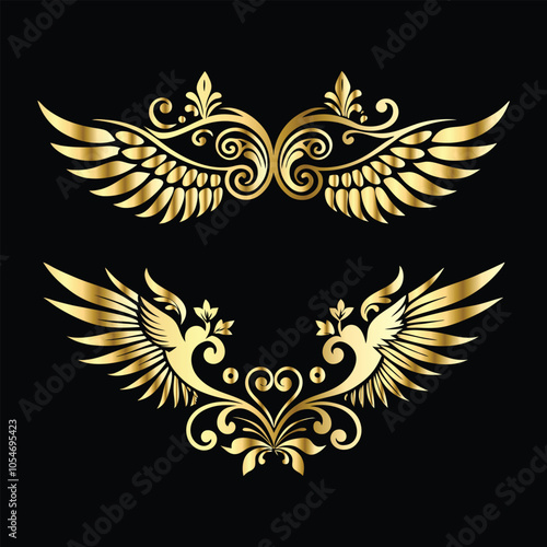 Vintage Wings in Gold: Angel, Bird, and Cupid Silhouette Frame Icons Set 