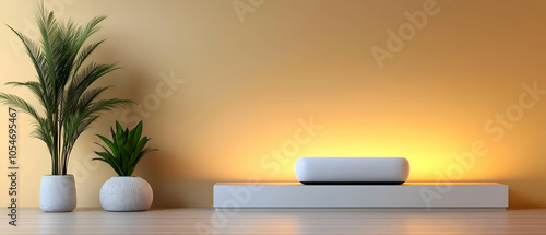 Modern minimalistic interior with plants  shelf  and warm lighting  perfect for creating a cozy and inviting atmosphere.