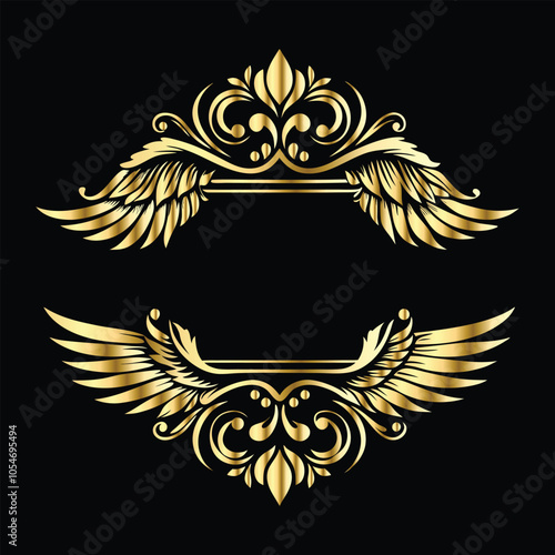 Vintage Wings in Gold: Angel, Bird, and Cupid Silhouette Frame Icons Set
