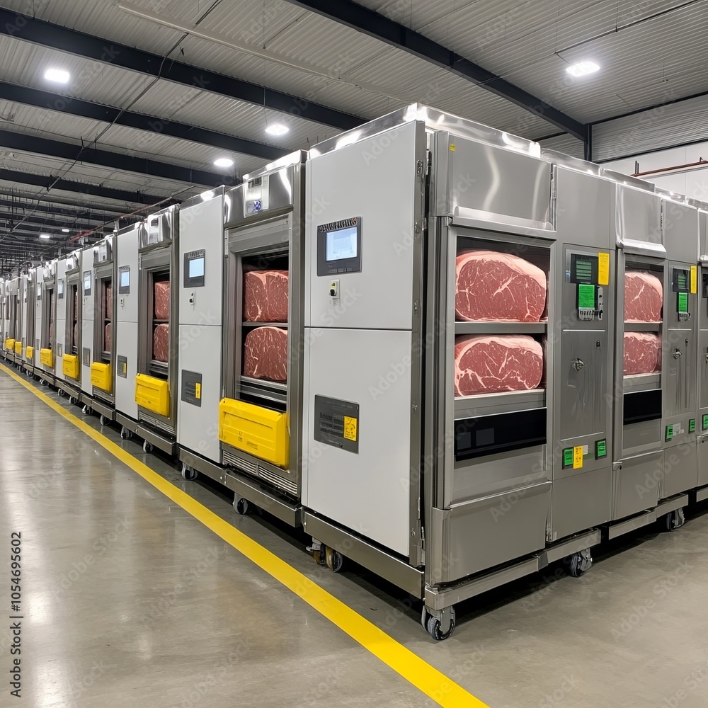 Industrial meat storage units lined up in a facility. Industrial meat storage units lined up in a facility.