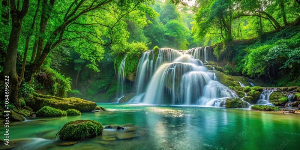 Scenic waterfall in lush green forest with blurred trees in the background Scenic waterfall in lush green forest with blurred trees in the background