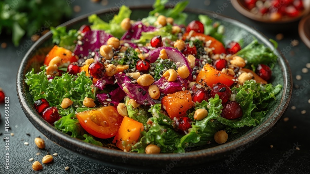 Colorful salad with greens, tomatoes, nuts, and pomegranate seeds. Colorful salad with greens, tomatoes, nuts, and pomegranate seeds.