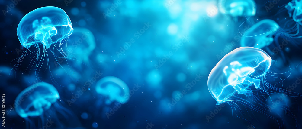 A mesmerizing scene of glowing jellyfish drifting gracefully through deep blue waters. A mesmerizing scene of glowing jellyfish drifting gracefully through deep blue waters.