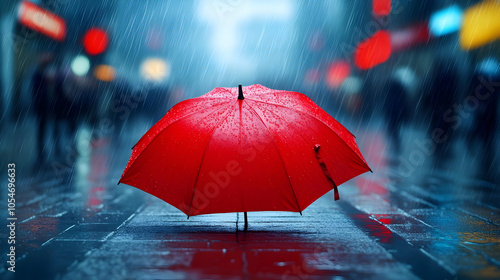 Wallpaper Mural A vibrant red umbrella stands alone in the rain, highlighting the beauty of solitude in a bustling urban setting. Torontodigital.ca