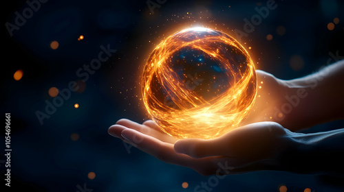 Hands holding a glowing orb, symbolizing energy and innovation, against a dark background.