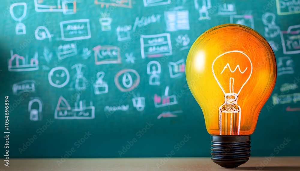 Light Bulb on Table in Front of Chalkboard with Sketches Light Bulb on Table in Front of Chalkboard with Sketches
