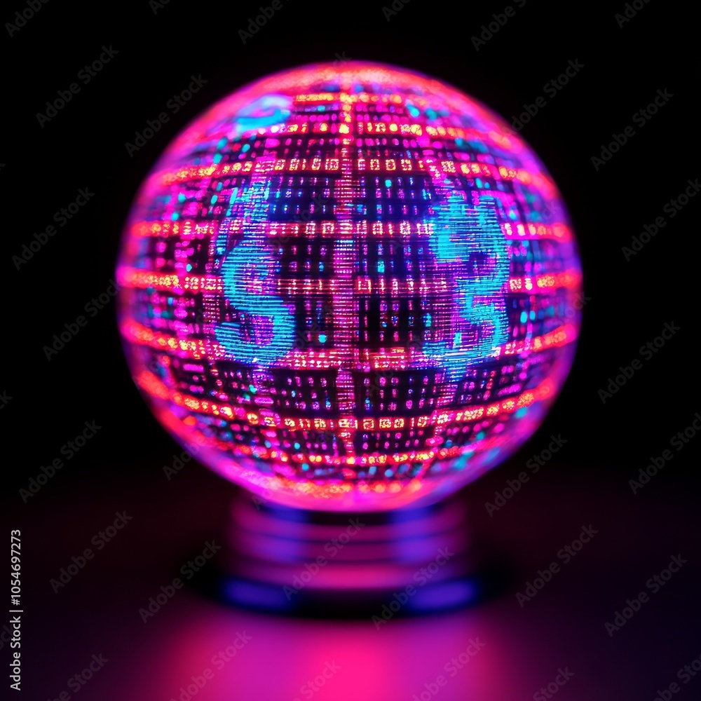 Obraz premium A glowing crystal ball with digital patterns and dollar signs, symbolizing finance.