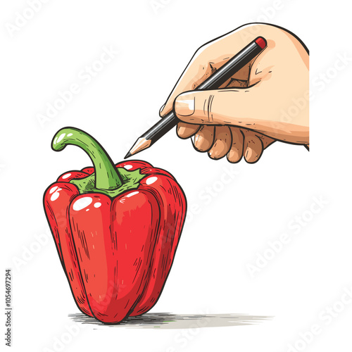 Realistic Red Bell Pepper Being Sketched with Pencil