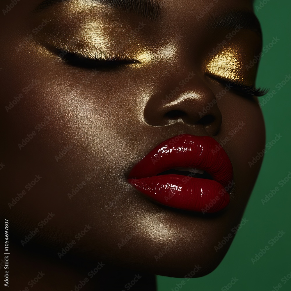 Obraz premium Close-up of a model's face with gold eyeshadow and red lips against a green background.