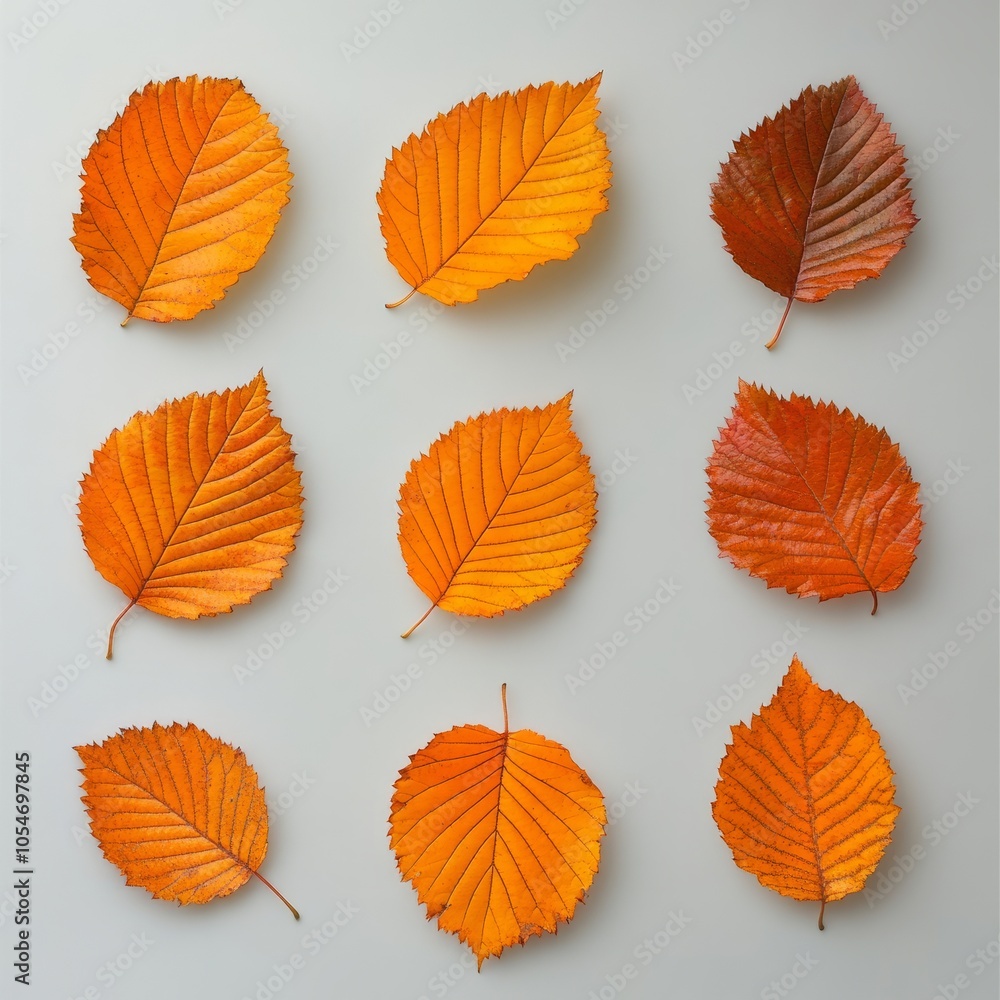 A flat lay of nine orange autumn leaves arranged in a grid pattern. A flat lay of nine orange autumn leaves arranged in a grid pattern.