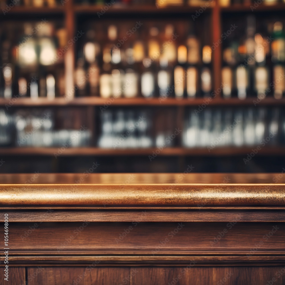 A wooden bar counter with a blurred background of bottles and glassware. A wooden bar counter with a blurred background of bottles and glassware.