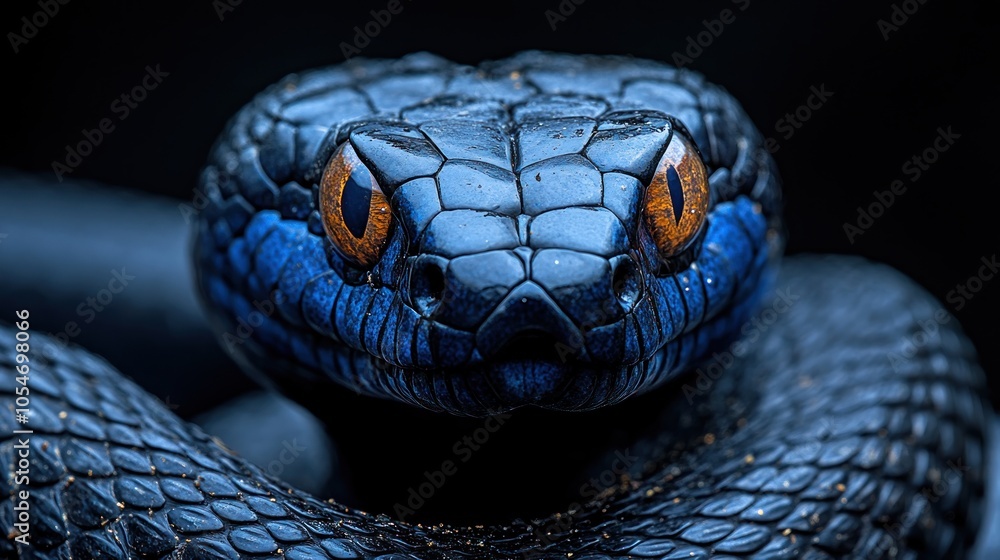 Close-up of a black snake with striking orange eyes. Close-up of a black snake with striking orange eyes.