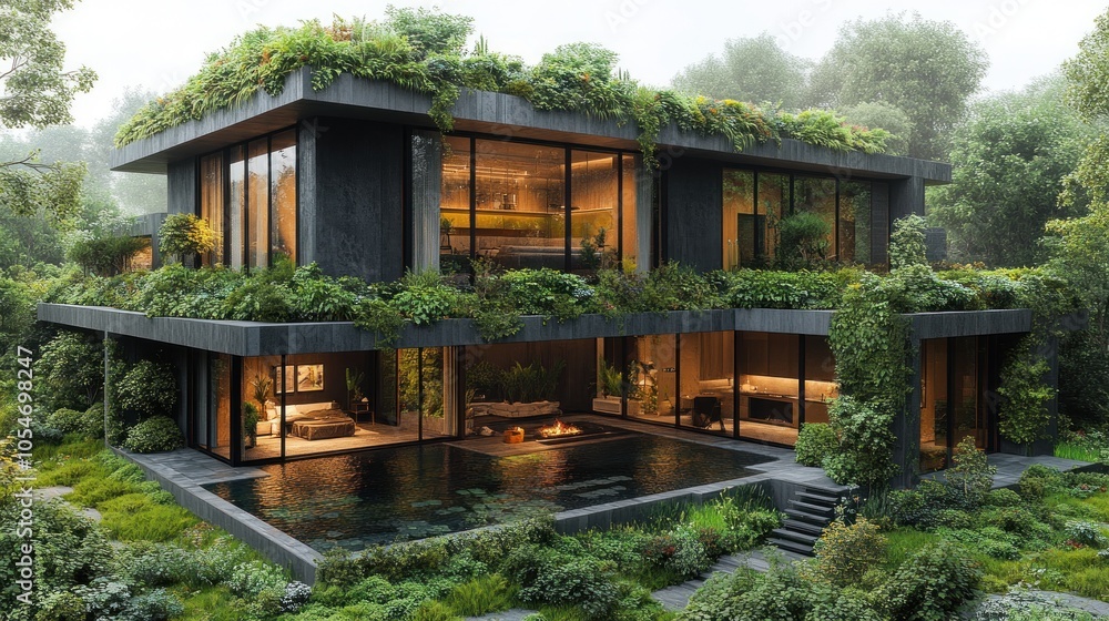 Modern house surrounded by lush greenery and a tranquil pool. Modern house surrounded by lush greenery and a tranquil pool.