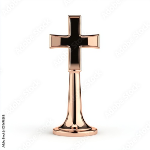 A shiny rose gold cross on a pedestal, symbolizing faith and spirituality.